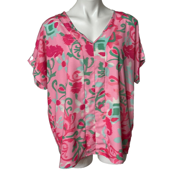 First Love by Lovelyn Shirt, Women's Med Pink Green Floral Dressy Top NWT - Picture 1 of 7